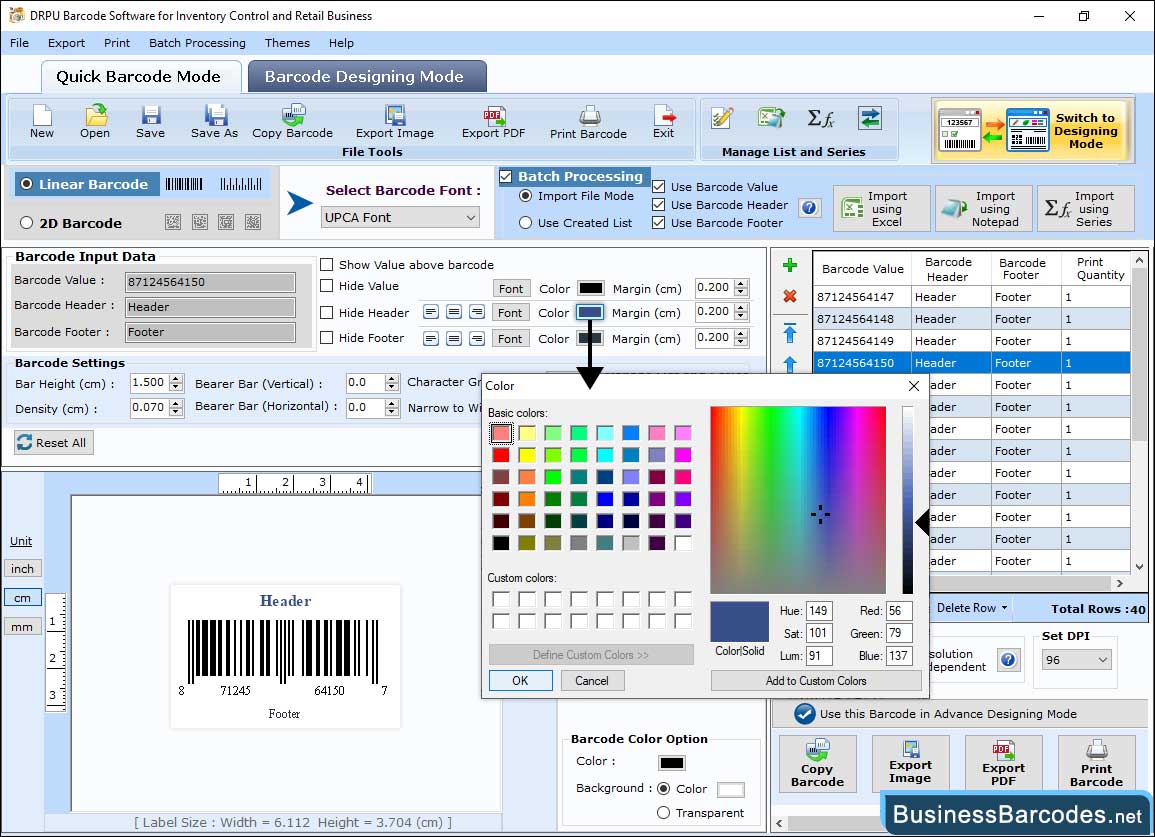 Select technology and type of barcode