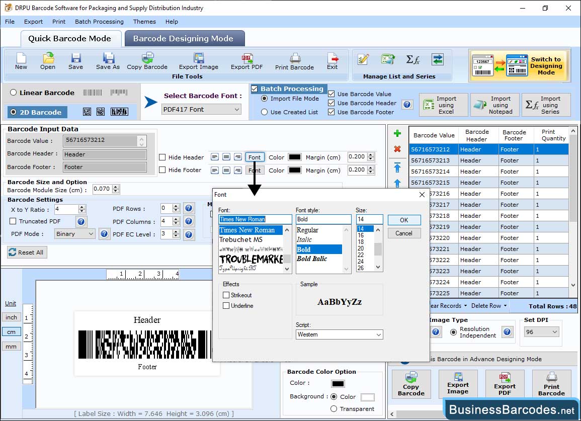 Set header, footer and value