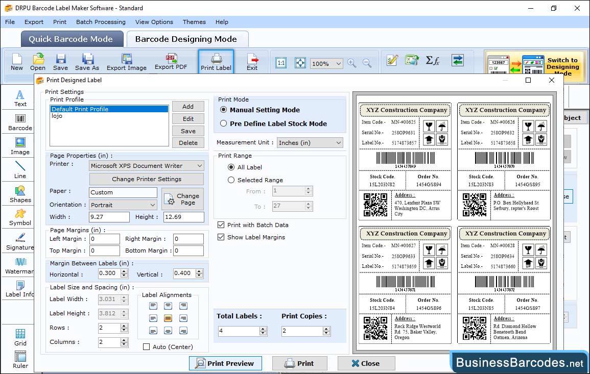 Print designed barcode labels