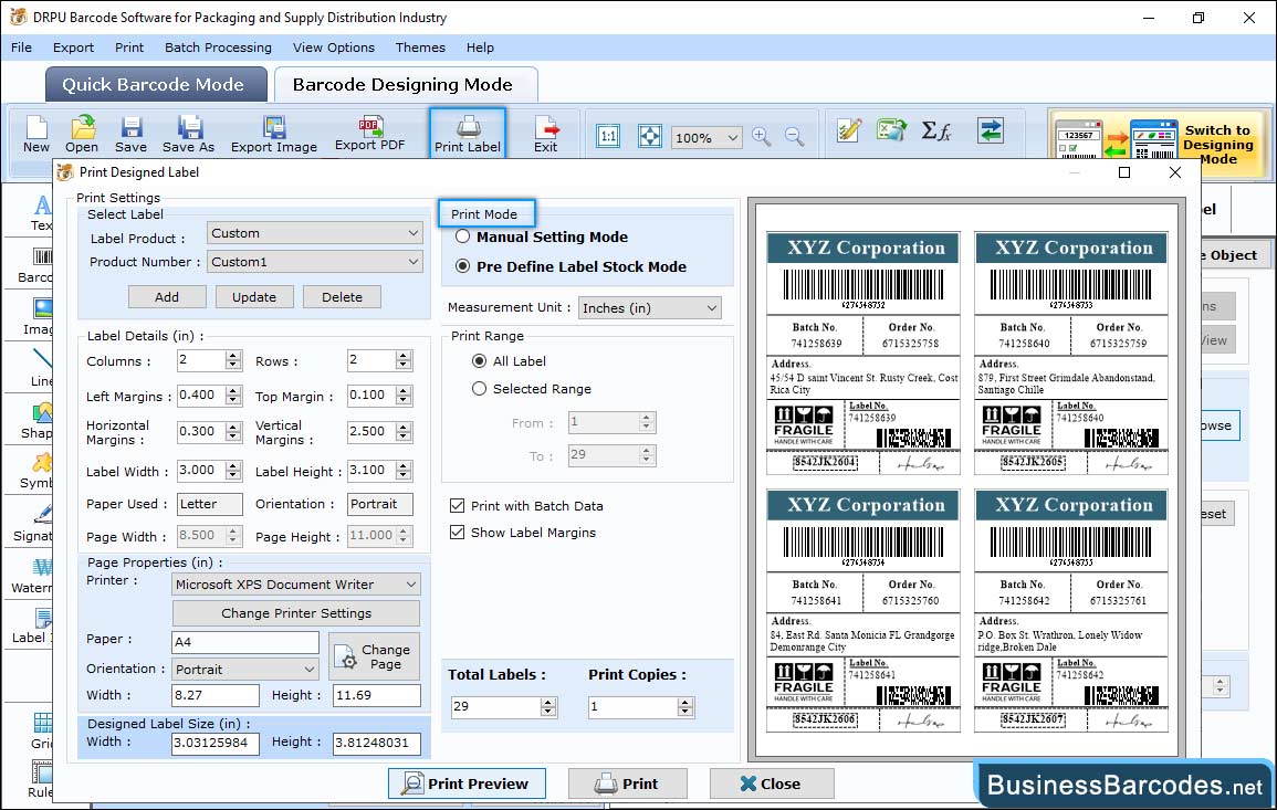 Print designed barcode labels