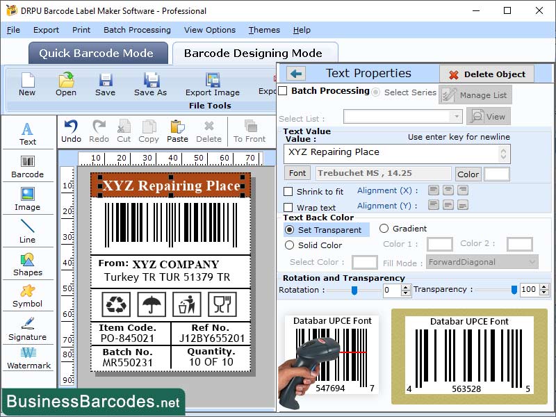 Printing Databar UPCE Barcode screenshot